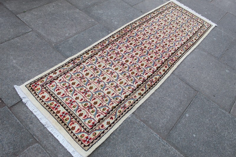 Vintage Hand Made Traditional Oriental Wool White Red Long Runner 228x71cm gallery