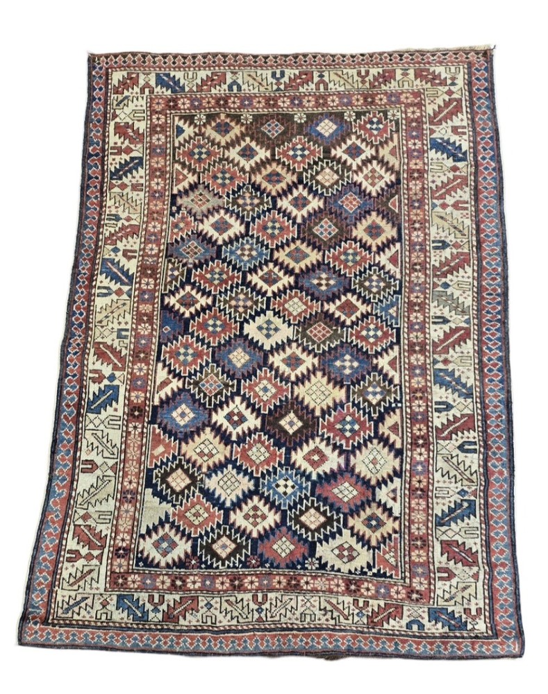 1880 Antique Caucasian Shirvan Rug 3ft 9" By 5ft Navy Ground Ivory Blue Bronze