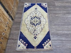 2×4 Beige Navy Blue Turkish Accent Rug, Hand-Knotted Wool Vintage Small Oushak
