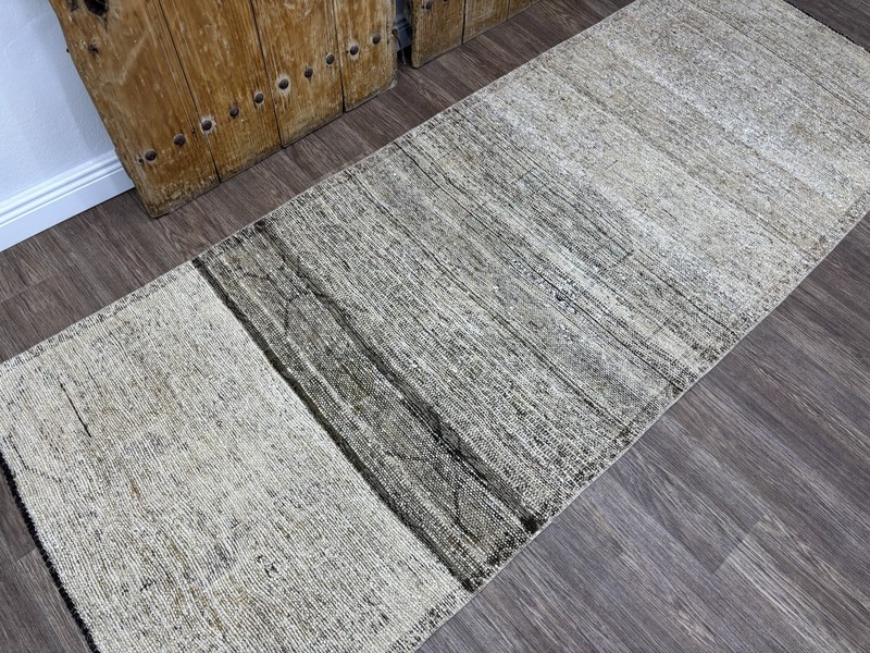 3x9 Beige Brown Vintage Turkish Oushak Hallway Runner, Hand-Knotted Wool Rug gallery