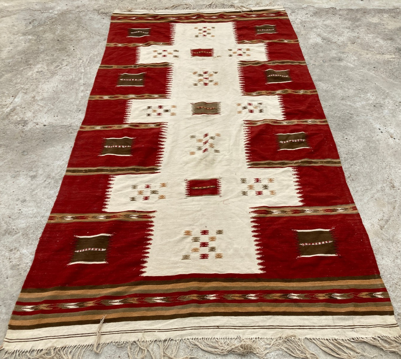 Vintage Handmade Turkish Geometric Wool Kilim Runner Rug 250x132 cm gallery