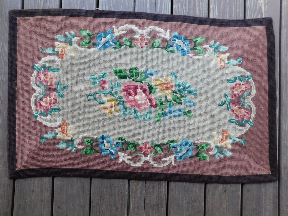Vintage Hand Hooked Wool Floral Rug Aubusson Style Victorian Revival Hearth Rug