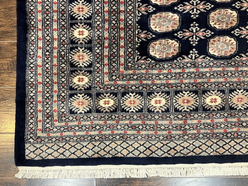 Pakistani Bokhara Rug 8x10 Turkoman Carpet Dark Blue Beige Vintage Handmade Wool gallery