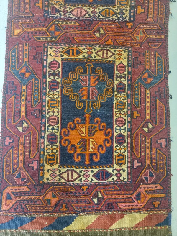 Antique Oriental Hand-Knotted Wool Area Rug Red/Blue/Beige/Green 1'6" x 4'8" gallery
