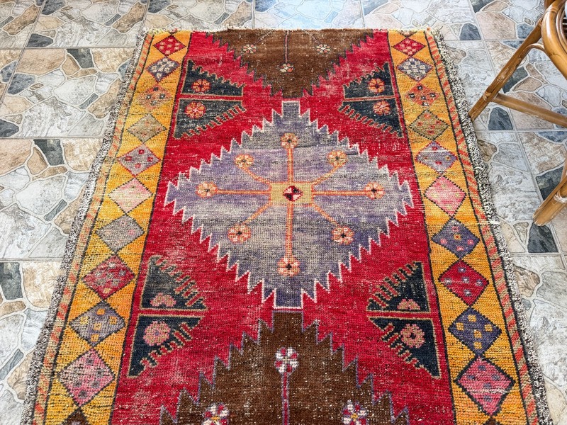 1970s Geometric Turkish Vintage Rug, Tribal Handmade Anatolian Wool Area Rug 4x7 gallery