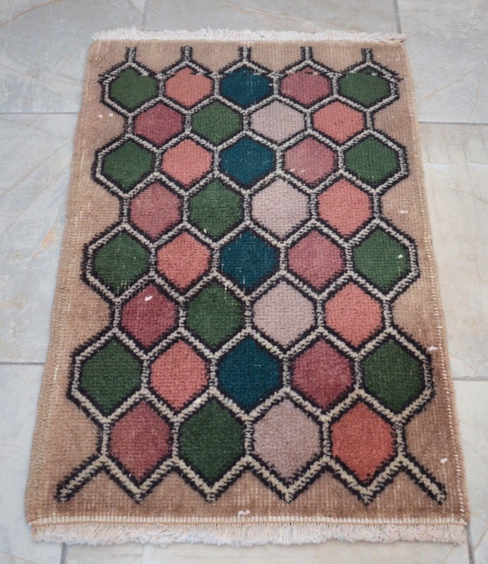 Vintage Distressed Small Area Rug Hand Knotted Oushak Rug Honeycomb 1'6" x 2'5" gallery