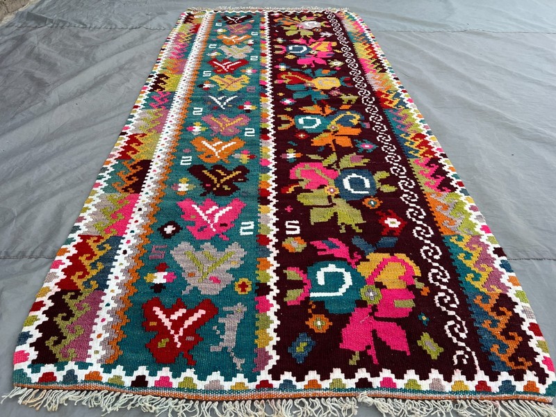 3x6'10 ft Vintage Caucasian Kilim Flatweave Wool Floral Botanical Two Panel Rug gallery