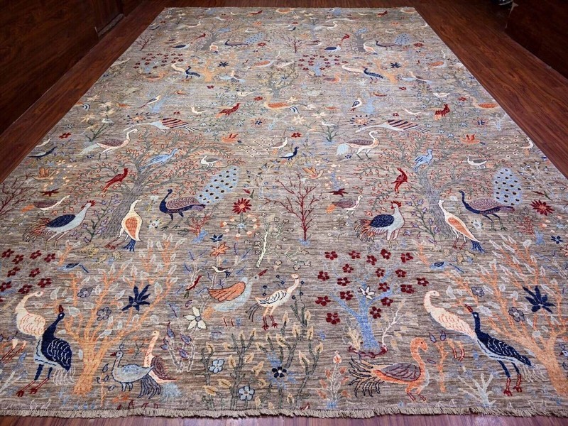 12'1"x17'4" Fossil Gray,Bird Paradise Design,Hand Knotted,Angora Oushak Rug gallery