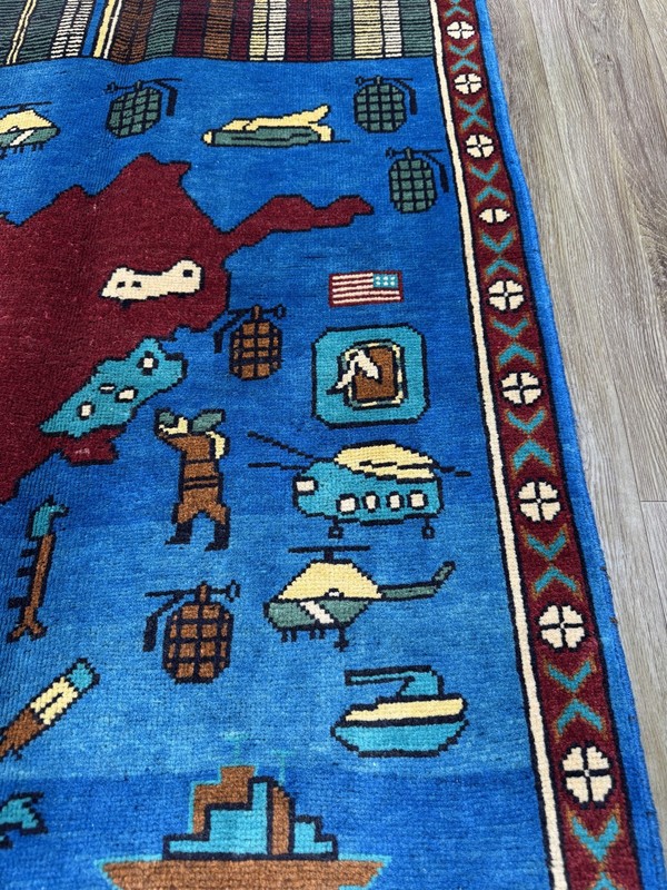 Afghan War Rug 2'7x4'1 Hand Knotted Wool 9/11 Pictorial Blue Tribal Wall Art Rug gallery