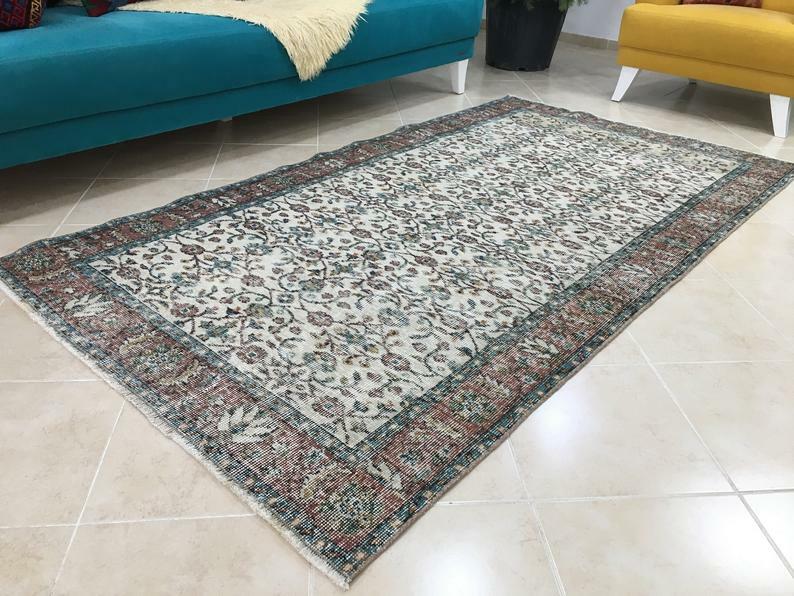 Antique Oriental Persian Ethnic Bohemian Area Rug Handmade 4.1x7.4ft, 125x226cm