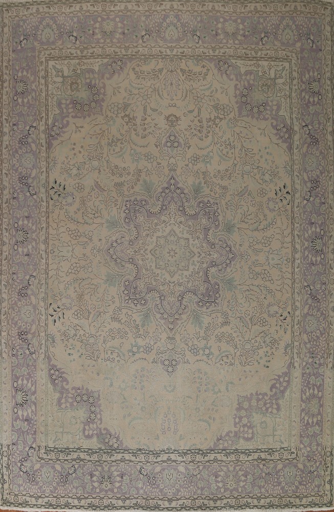 Vintage Muted Beige Wool Tebriz Handmade Dining Room Area Rug 10x13 Carpet