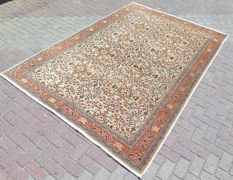 Vintage Turkish Handmade Wool Carpet, Large Floor Rug, Floral Beige Rug 78"x117” gallery