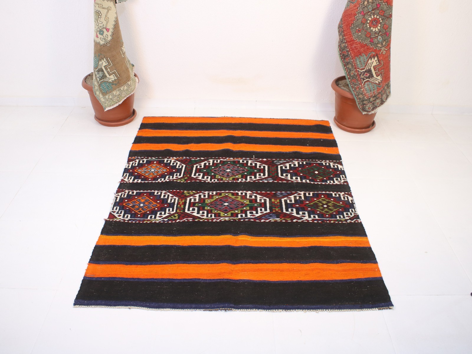 4x6 Turkish Handmade Kilim Rug Orange Black Geometric 4.2x5.6 ft gallery