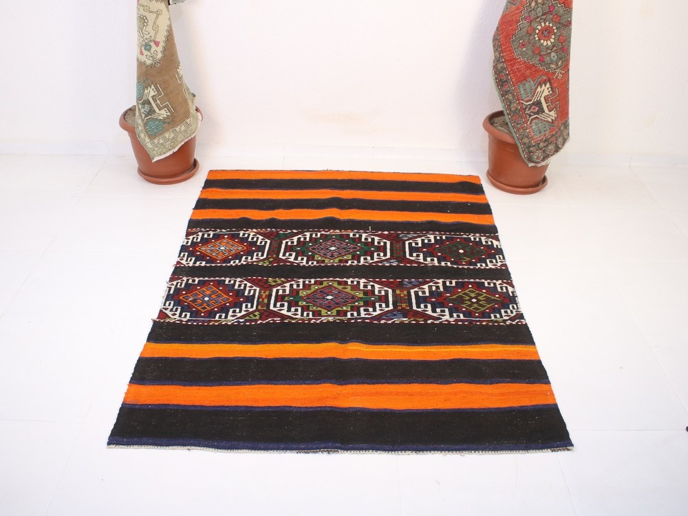 4x6 Turkish Handmade Kilim Rug Orange Black Geometric 4.2x5.6 ft
