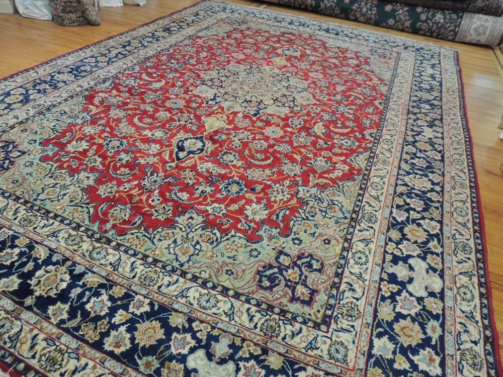 12x15 Semi-Antique Kashaan Oriental Area Rug Red Blue Navy Green wool knotted
