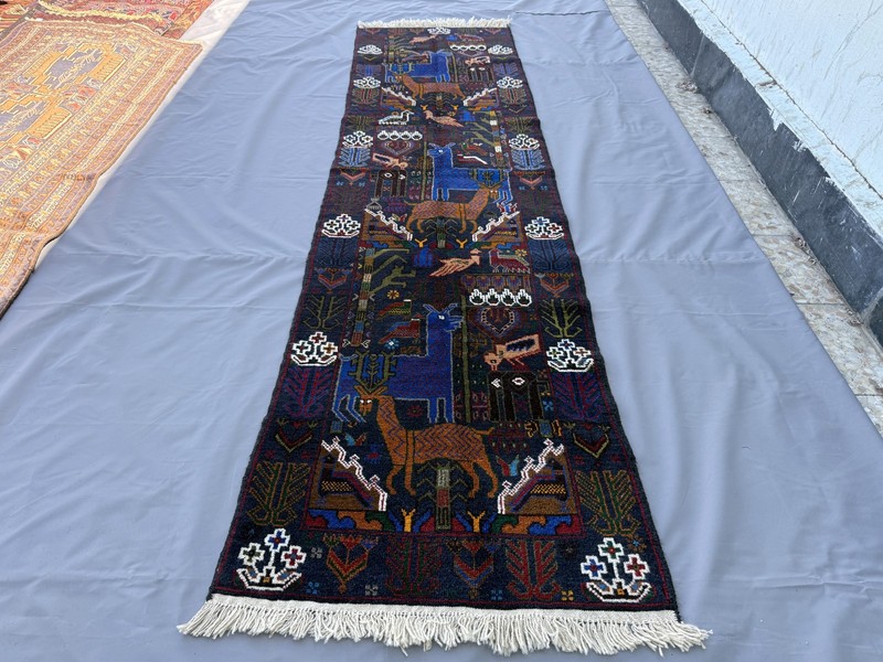 Blue Vintage Afghan Pictorial Runner Rug 2x9 Handmade Persian Style Tribal Rug gallery