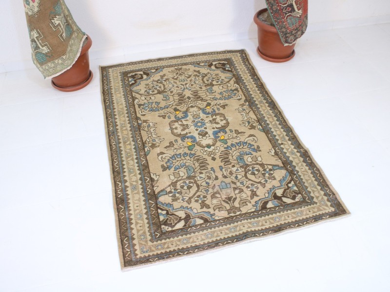 Vintage Turkish Wool Area Rug 4x6 ft | Handmade Wool Beige Blue Rug | 4x6 Ft gallery