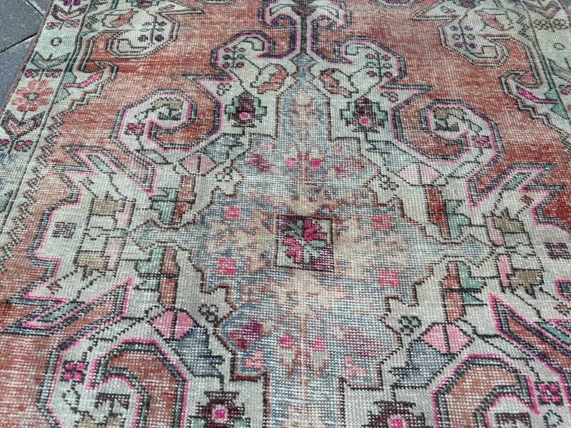 Artisan Turkish Rug 4.4x7.2 Ft Salmon Wool Vintage Botanical Carpet Handmade gallery