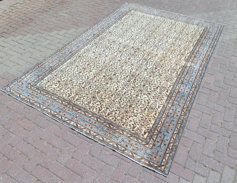 Handmade Floor Rug, Large Beige Carpet Turkish Wool Distressed Area Rug 80"X123" gallery