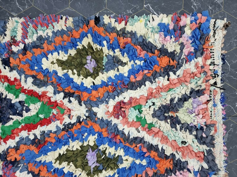 Moroccan Handmade Vintage Boucherouite 2'1"x5'3" Berber Geometric Orange Carpet gallery