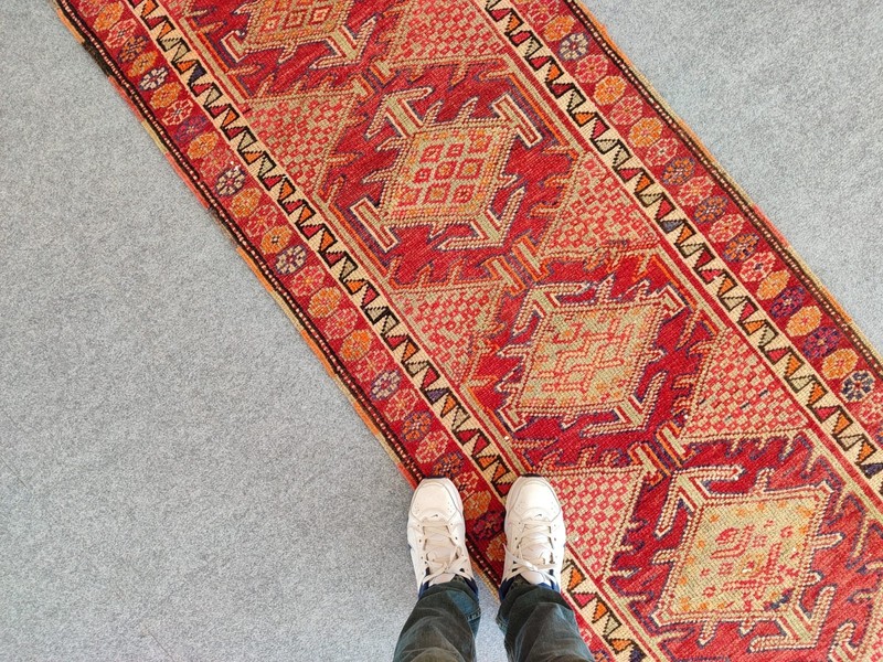 Red Antique rug 3x13, Vibrant Turkish runner 3x13 vintage rug, Herki Tribal rug gallery