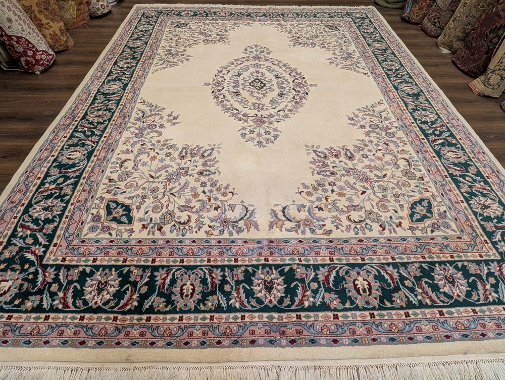 Indo Per'sian Kirman Rug 9x12, Open Field, Hand Knotted Wool Carpet
