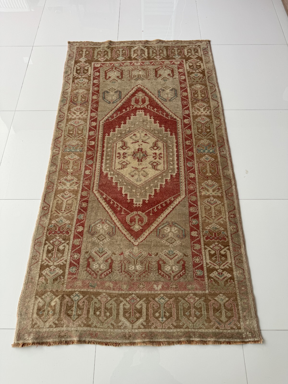 Vintage Hand Knotted Wool Oushak Rug, 3x6 Turkish Rug in Red Brown Beige Tones gallery