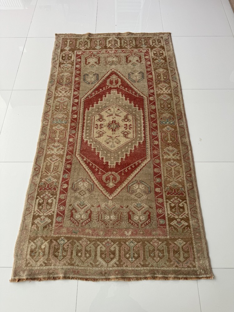 Vintage Hand Knotted Wool Oushak Rug, 3x6 Turkish Rug in Red Brown Beige Tones
