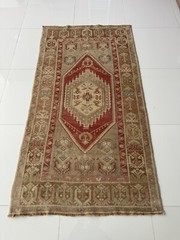Vintage Hand Knotted Wool Oushak Rug, 3×6 Turkish Rug in Red Brown Beige Tones