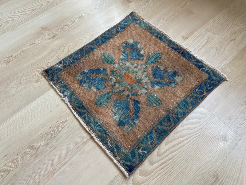 Vintage Turkish Oushak Rug: Orange & Blue Wool Doormat, Square rug (1.6x1.6 ft) gallery