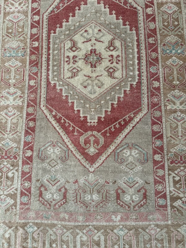 Vintage Hand Knotted Wool Oushak Rug, 3x6 Turkish Rug in Red Brown Beige Tones gallery