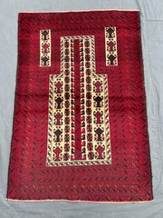 Vintage Caucasian Prayer Rug 3’1×4’6 Red Black Hand Knotted Tribal Boho Area Rug