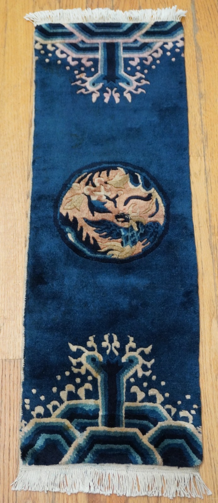 1' x 3'3" Antique Chinese Peking Hand Knotted Wool Blue Rare Oriental Rug gallery