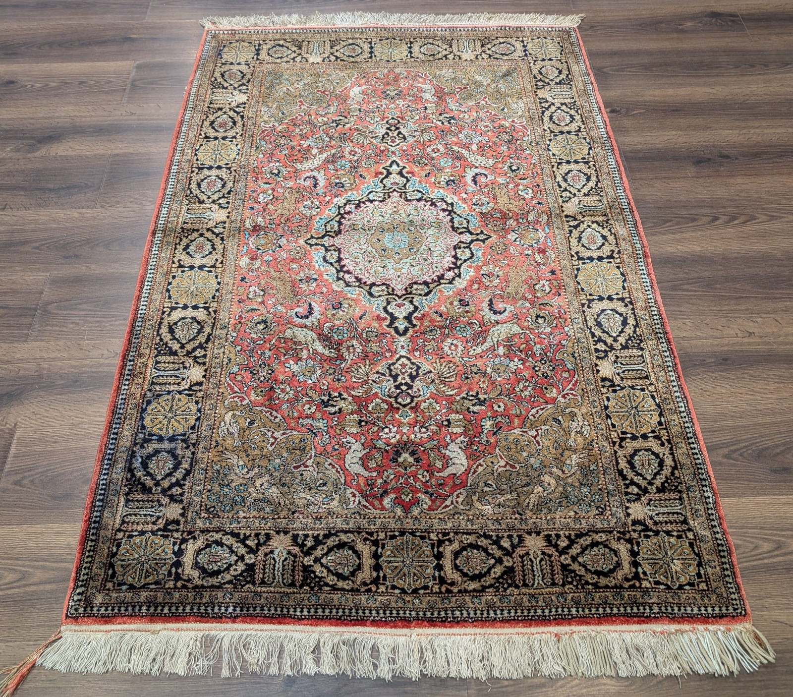 Silk Per'sian Q'um Rug 3.9 x 5.6, Animal Pictorials, Fine 380 KPSI gallery