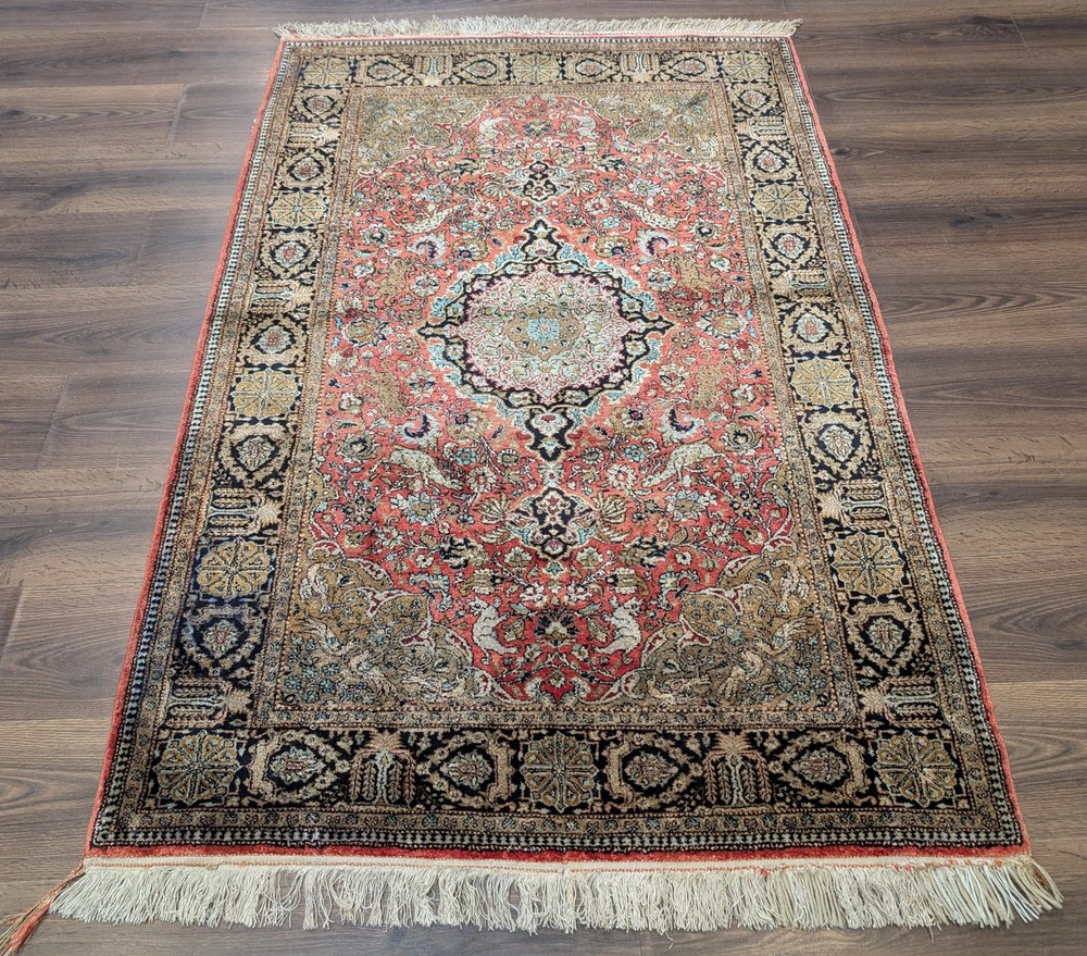 Silk Per'sian Q'um Rug 3.9 x 5.6, Animal Pictorials, Fine 380 KPSI