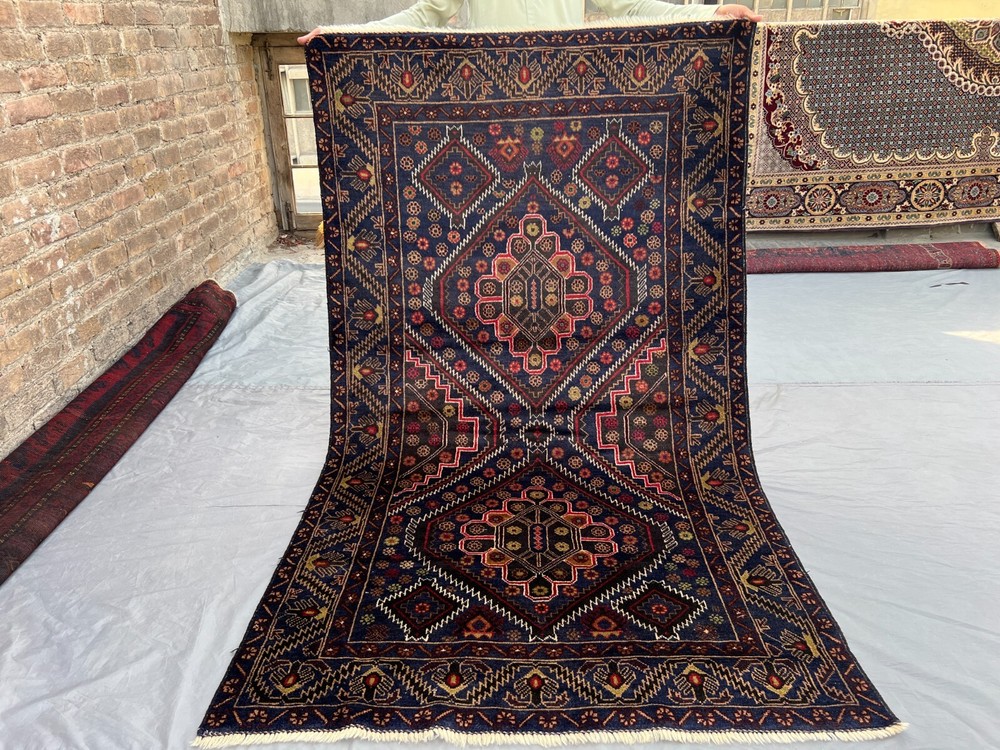 Vintage Afghan Baluchi Rug 3'10x6'9 – Hand-Knotted Wool Tribal Medallion Carpet