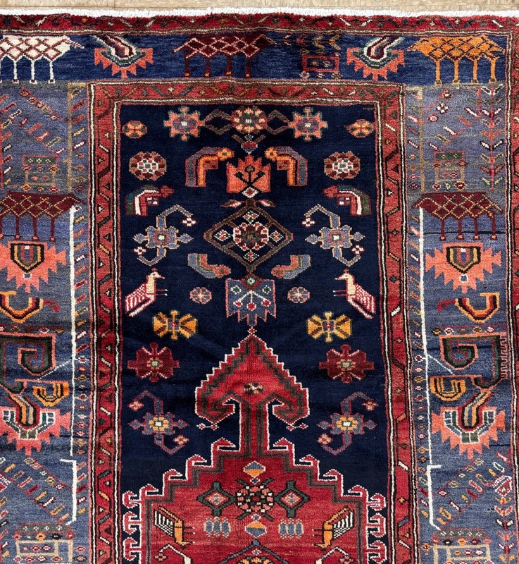 5x9 Hand Knotted Vintage Hamedan Wool Rug Navy Blue Tribal Bird Animal Oriental gallery