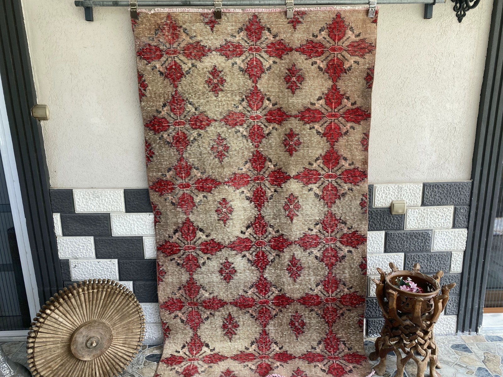 Vintage Turkish Area Rug 4x7 ft | Hand-Knotted Wool Carpet Bold Geometric Tribal gallery