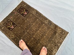 2’8 x 3’11 ft Vintage Afghan Hand-Knotted Rug Brown Geometric Prayer Area Carpet