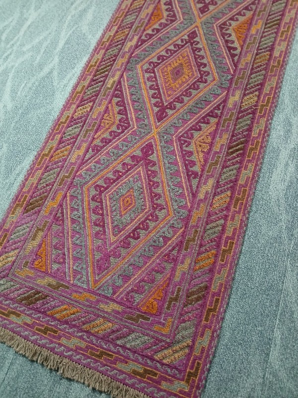 2'7"x12'4" Pink/purple Meshwani Tribal 100% Wool Handmade Long Kilim Runner Rug gallery