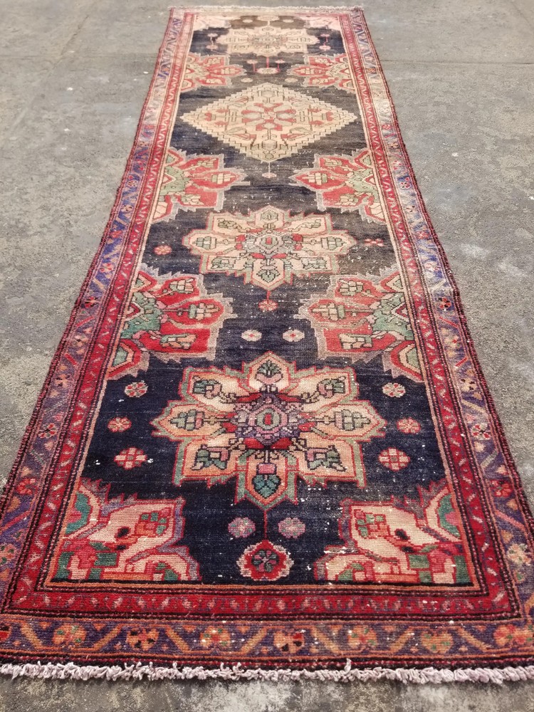 Distressed Vintage Handmade Shahsawan Wool Multicolor Runner Rug 296x96cm