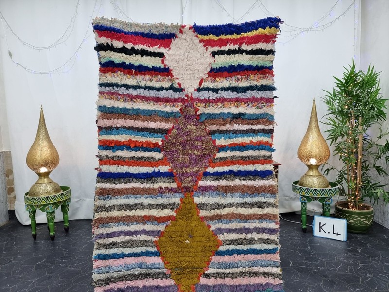 Moroccan Handmade Vintage Boucherouite 3'3"x8'7" Geometric Blue Cotton Area Rug gallery