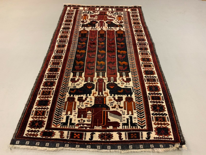 Vintage Tribal Lion Rug 204x110 cm, Old Tribal Wool Carpet, Black, Red Cream gallery