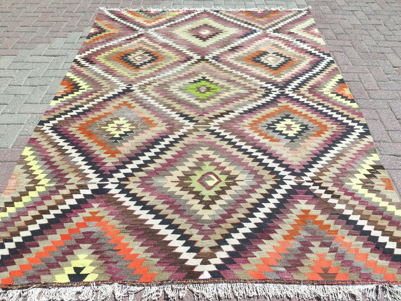Vintage Turkish Kilim Handmade Wool Rug, Large Floor Carpet, Boho Kelim 75"X103" gallery
