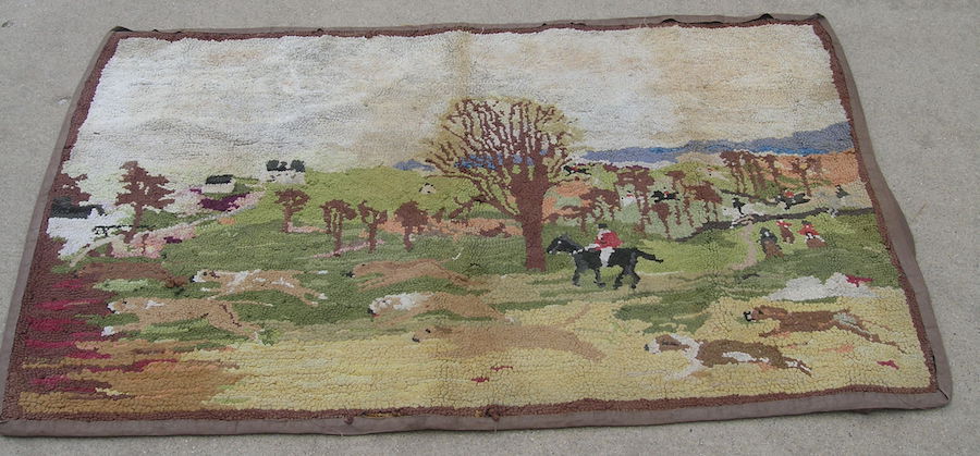 Antique Primitive American Hooked Rug on Burlap Fox Hunt Scene Dogs Horse Riders gallery