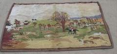 Antique Primitive American Hooked Rug on Burlap Fox Hunt Scene Dogs Horse Riders