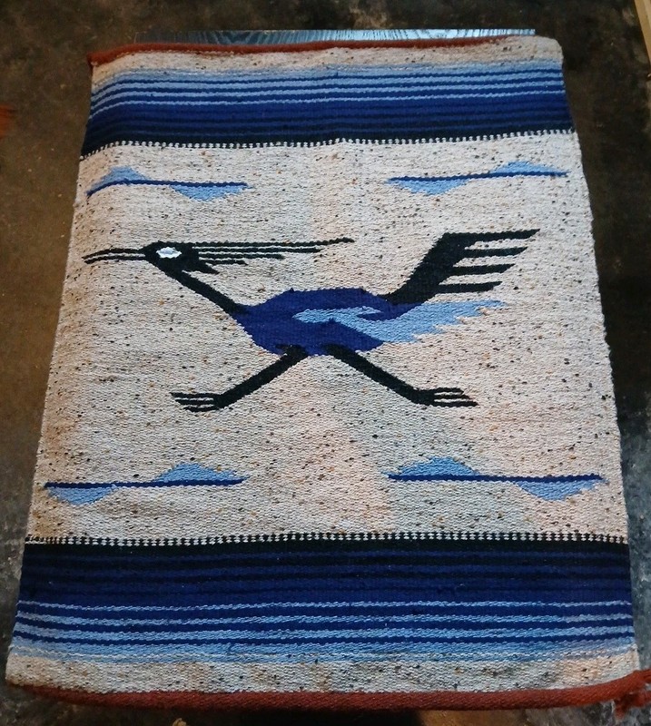Vintage 1960s Handmade Wool Flatwoven Geometric Road Runner Rug 36" X 28.5" gallery