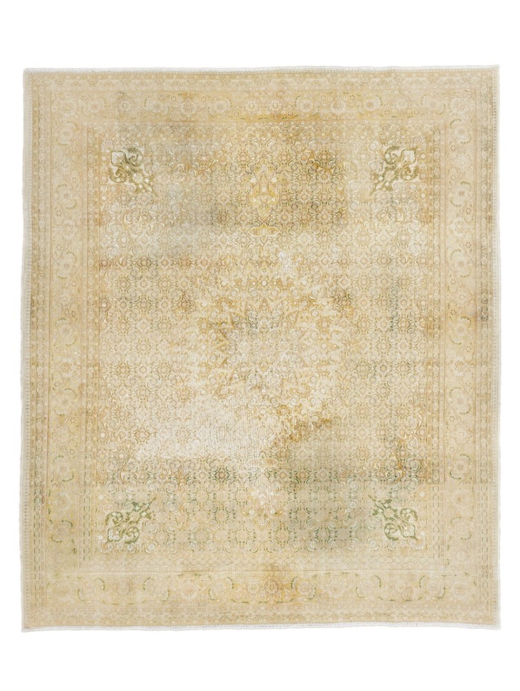 Faded Vintage Turkish Square Area Rug 6.9x7.9 ft Hand-Knotted Oushak Wool Carpet