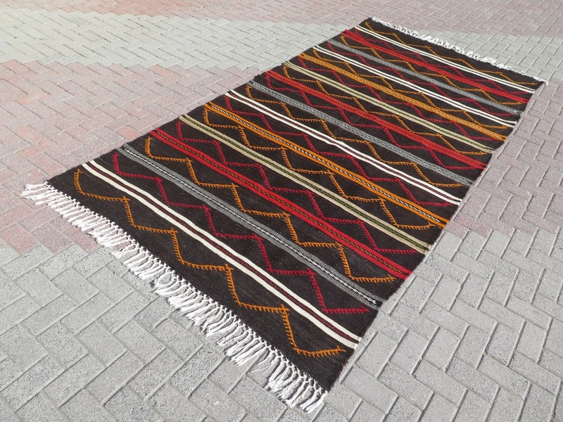 Area Rug Wool Rugs Vintage Turkish Kilim Floor Rug Dark Brown Large Rug 68"x142" gallery