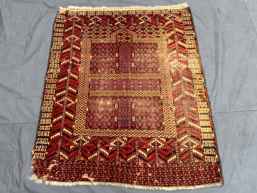 Red Distressed Low Pile Turkish Tribal Rug 4x5 ft Hand Knotted Vintage Carpet
